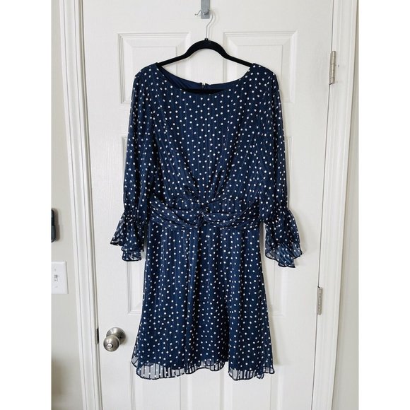 NWT DKNY 3/4 Sleeve Dotted Chiffon Fit & Flare Dress - Midnight/ Multi - Size 14 - Picture 3 of 5
